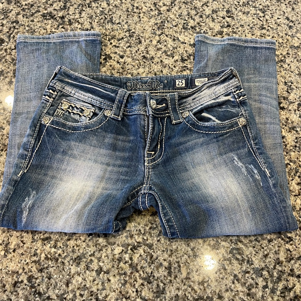 👖 Miss Me Denim Jeans Size 25 Womens Capri JP5418P Blue Low Rise Flap Pockets